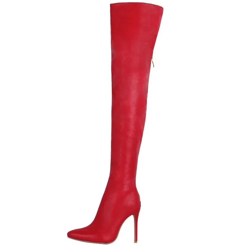 2024 New PU Sexy Over The Knee Long Boots Sewing High Heels 11CM Thin Heels Sharp Tip Rear Zipper Women Solid Color Boots