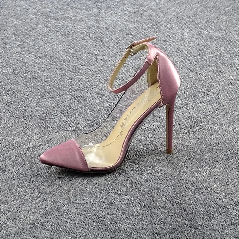 New Women's High Heel pumps Pointed Transparent Belt Buckle Ladies Single Shoes Dress Shoes Rose Red Pink Black Color 35 - 43