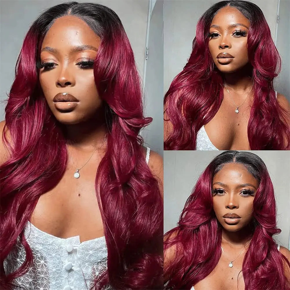 Wear and Go Ombre 1b 99j Body Wave 180% HD Lace Front Wigs Human Hair Burgundy Glueless 5x5 Pre Cut Transparent Lace Closure Wig