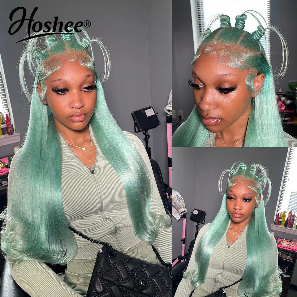 Mint Green Straight Lace Front Human Hair Wigs For Women Lake Blue Colored Human Hair Wigs  13x4 Lace Frontal Wig Pre-Plucked