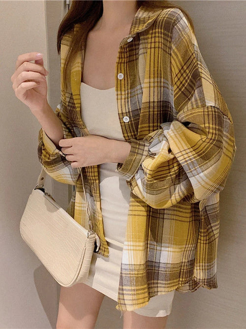 Plaid Shirt Women Autumn Long Sleeve Top Female Vintage Fashion Single