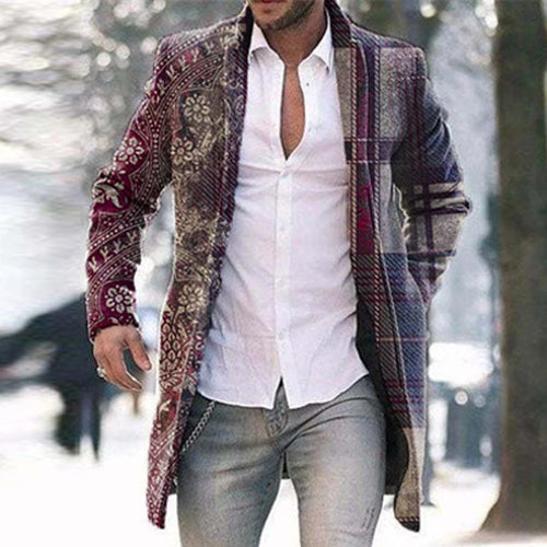 Retro Pattern Print Wool Blend Jackets Men Casual Turn-down Collar