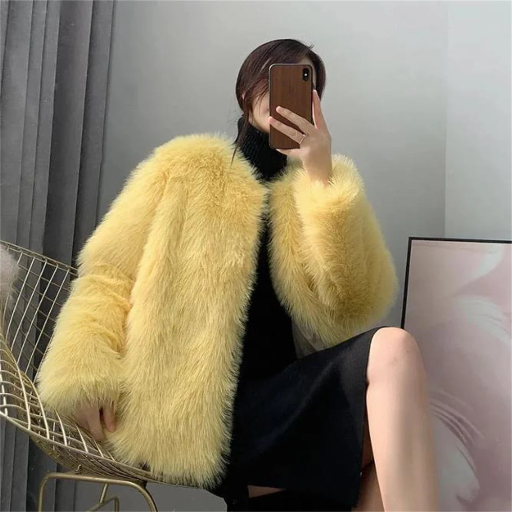 Shaggy Faux Jacket Women Elegant Thick Tops Artificial Warm Shaggy Overcoat Luxury Collarless Coat Short Fur Outwear Winter