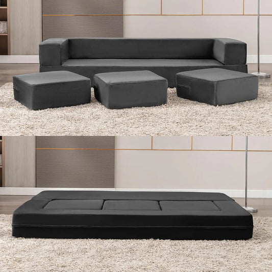 Folding Sofa Bed, Velvet Convertible Floor Sleeper Sofa with 3 Ottomans, Upholstered 2-in-1 Fold Out Couch Bed