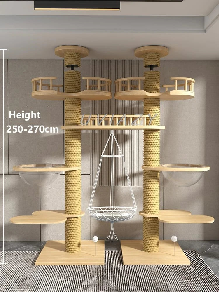 Floor-to-Ceiling Double Column Multi-layer Cat Tree Cat Climbing Tower with Natural Sisal Rope Scratching Post Tall ClimbingTree