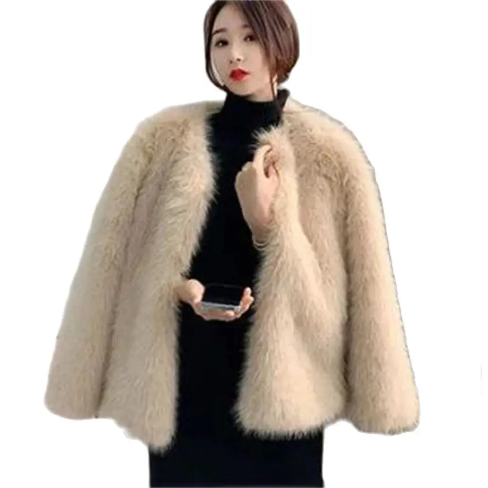 Shaggy Faux Jacket Women Elegant Thick Tops Artificial Warm Shaggy Overcoat Luxury Collarless Coat Short Fur Outwear Winter