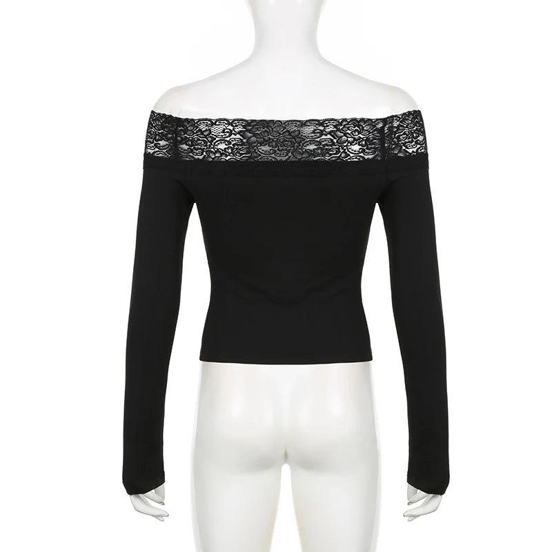 CIBBAR Black Lace Stitched Slash Neck Crop Top Elegant Sexy Skinny