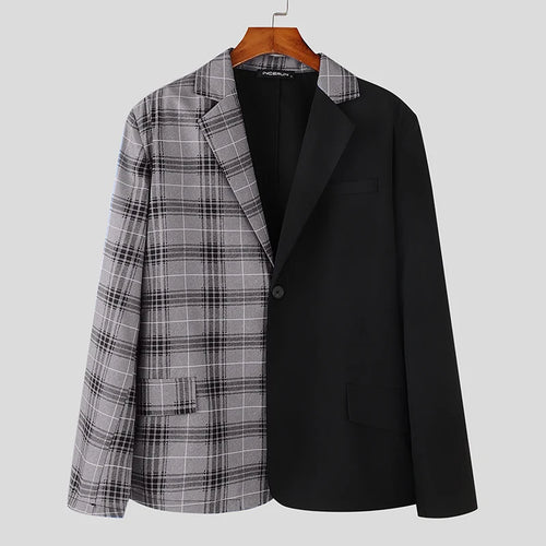 INCERUN Men Blazer Plaid Patchwork Lapel Long Sleeve One Button Casual