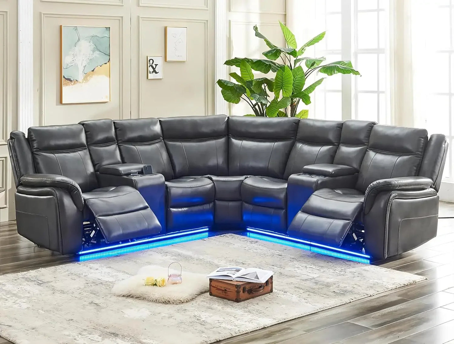 recliner，Power Reclining Sectional Sofa with LED Light Recliner Faux Leather L-Shaped Electric Reclining Sectional Couch