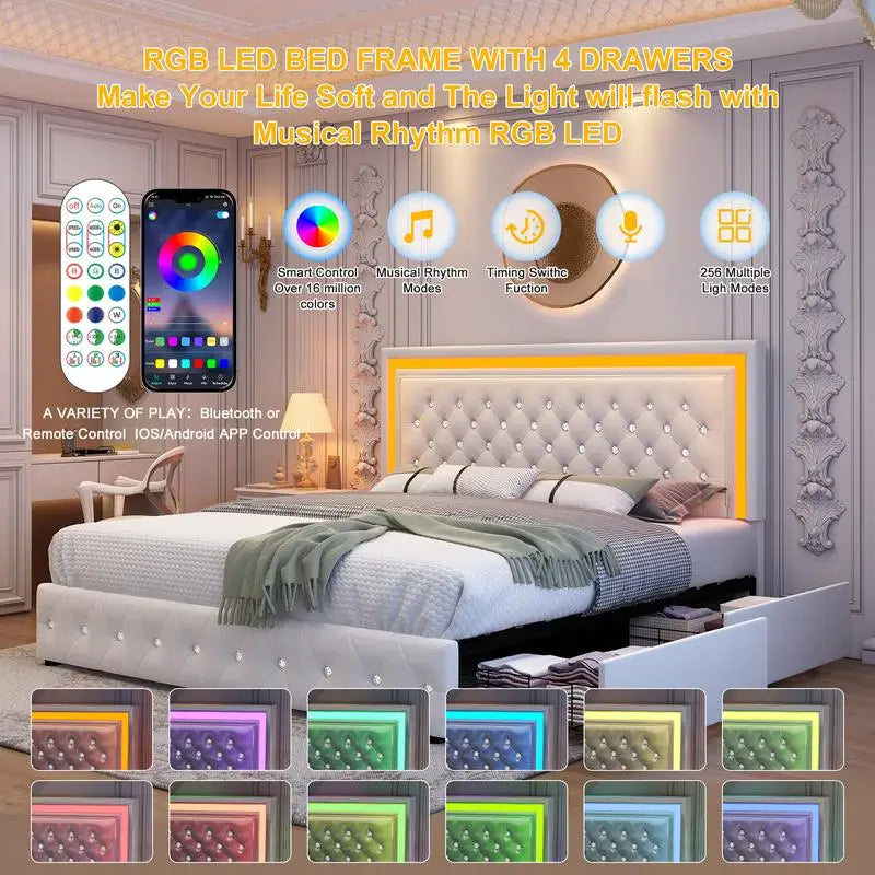 Queen Size LED Bed Frame with Adjustable Headboard,Smart Control RGBW Lights,4Storage Drawers,Upholstered,No Box Spring Needed