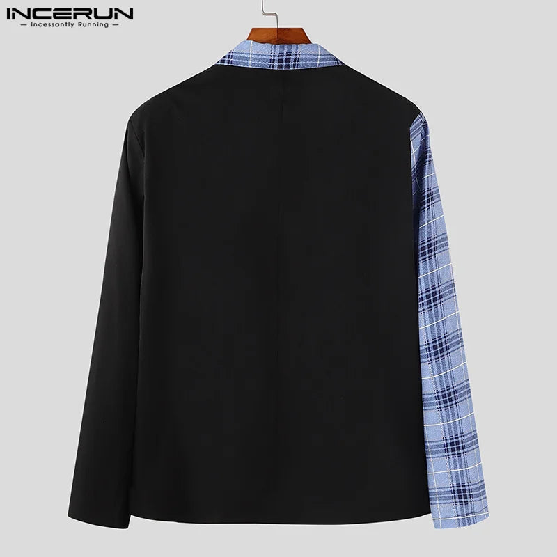 INCERUN Men Blazer Plaid Patchwork Lapel Long Sleeve One Button Casual