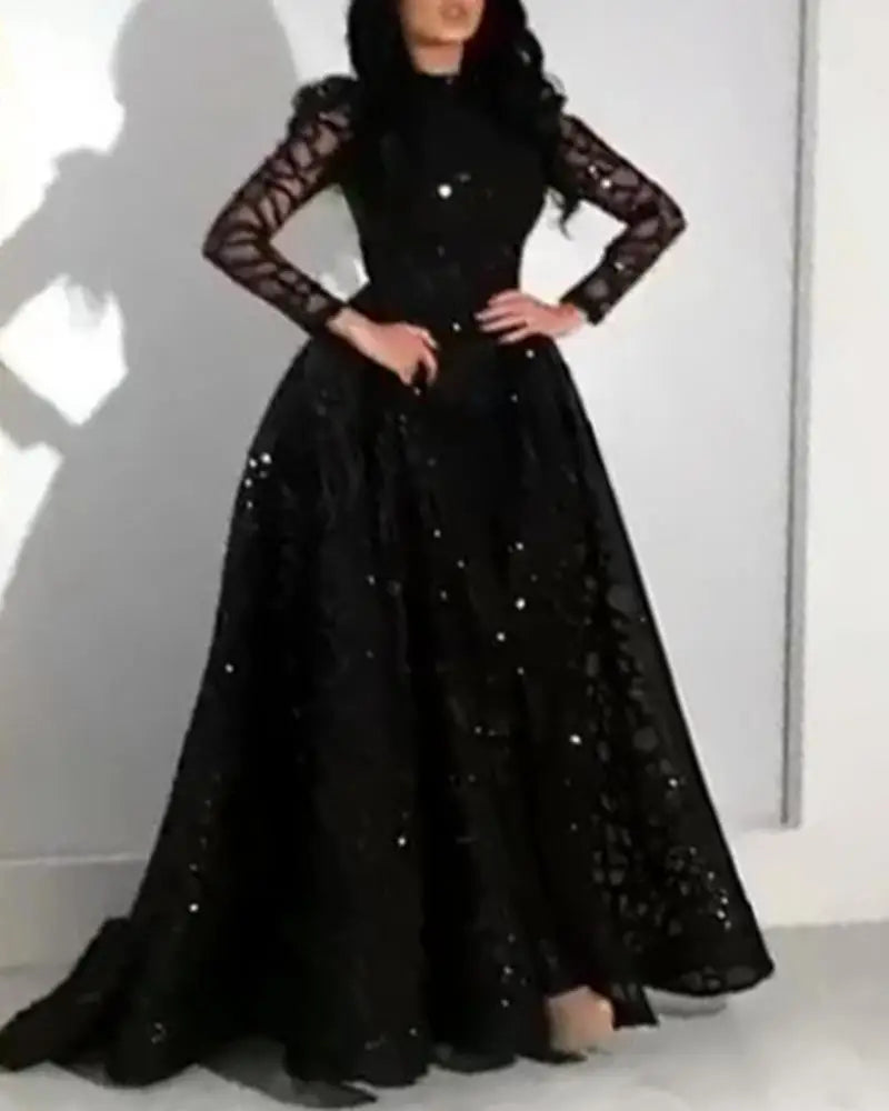 Women Dress 2021 Summer Long-Sleeved Sequined Expandable Elegant Gown Party Dress High Waist Big Swing Black Dresses Black