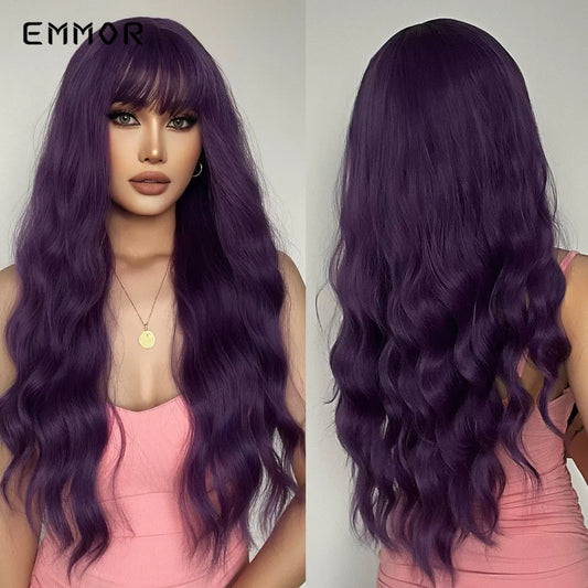 Emmor Synthetic Long Ombre Black to purple Wigs for Women with Bangs Long Wavy Wig Party Daily Heat Resistant Fibre Hair Wigs