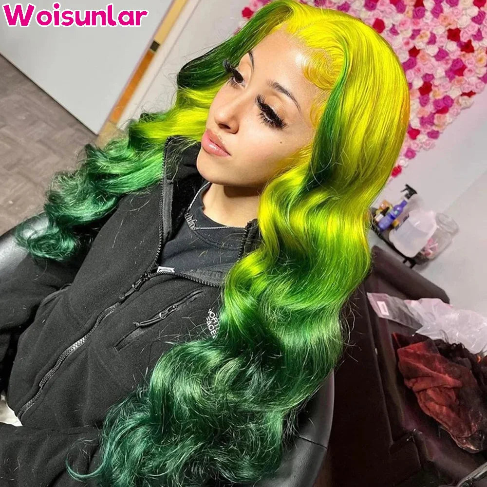 Ombre Yellow and Green Human Hair 13x6 Transparent Lace human hair  Pre-Plucked For Black Women Body wave180% Density  wigs