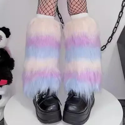 Gothic Women's Y2k Harajuku Punk Lolita Girls Subcultural Striped Contrasting Fur Insulation Faux Furry Socks Legs Warms covers