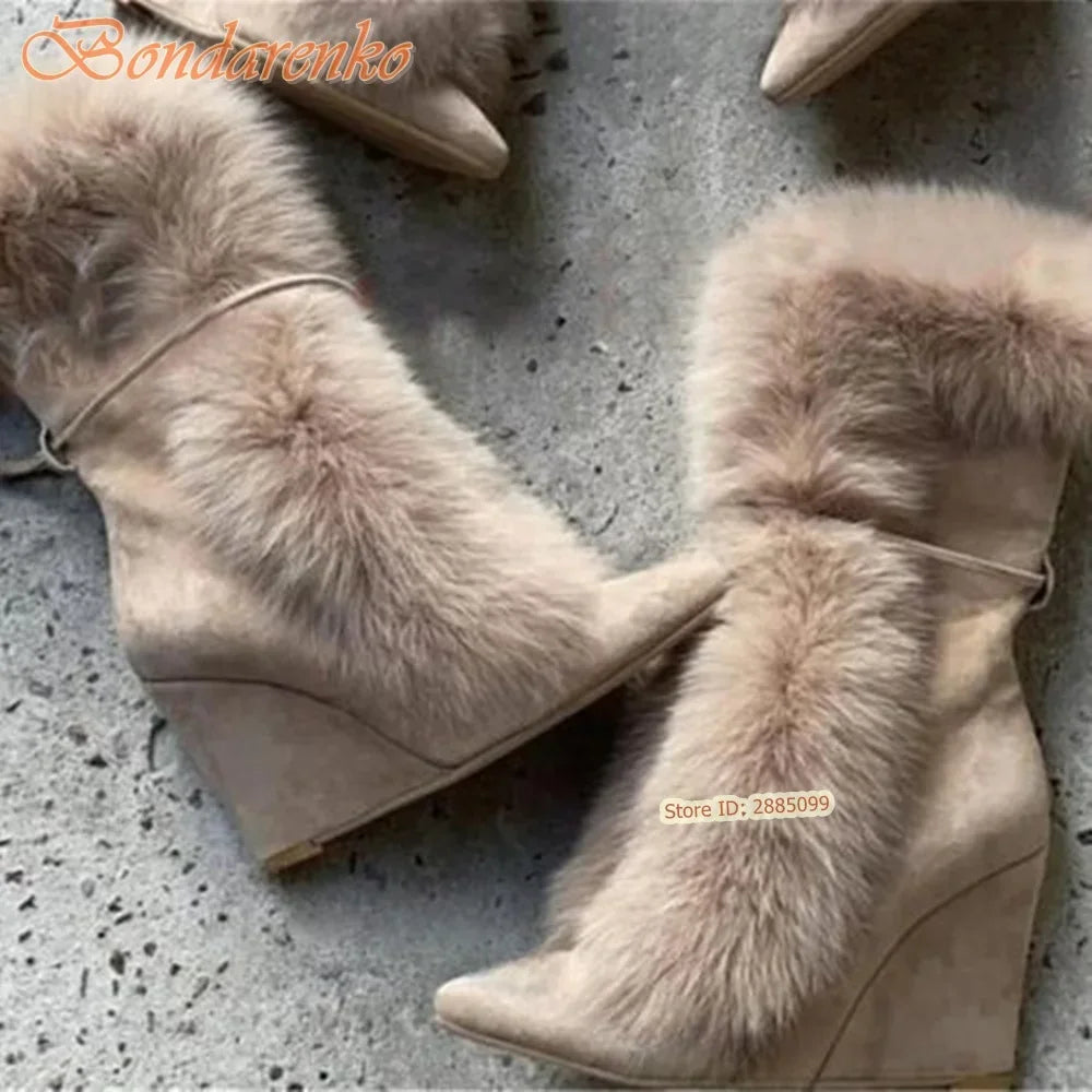 Fur Suede Wedges Boots Pointy Toe Solid Mid Calf Lace Up Straps Boots Women Sexu Shoes Winter Party Designer New Style Fashion