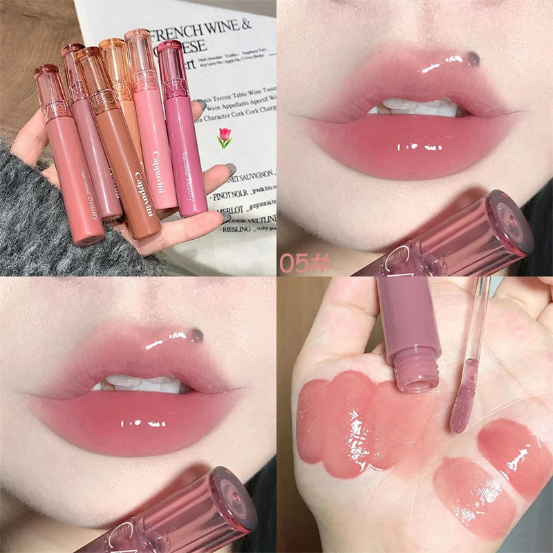 Waterproof Mirror Jelly Lip Glaze 6 Colors Water-light Lip Gloss Long Lasting Moisturising Glossy Red Tint Lips Makeup Cosmetics