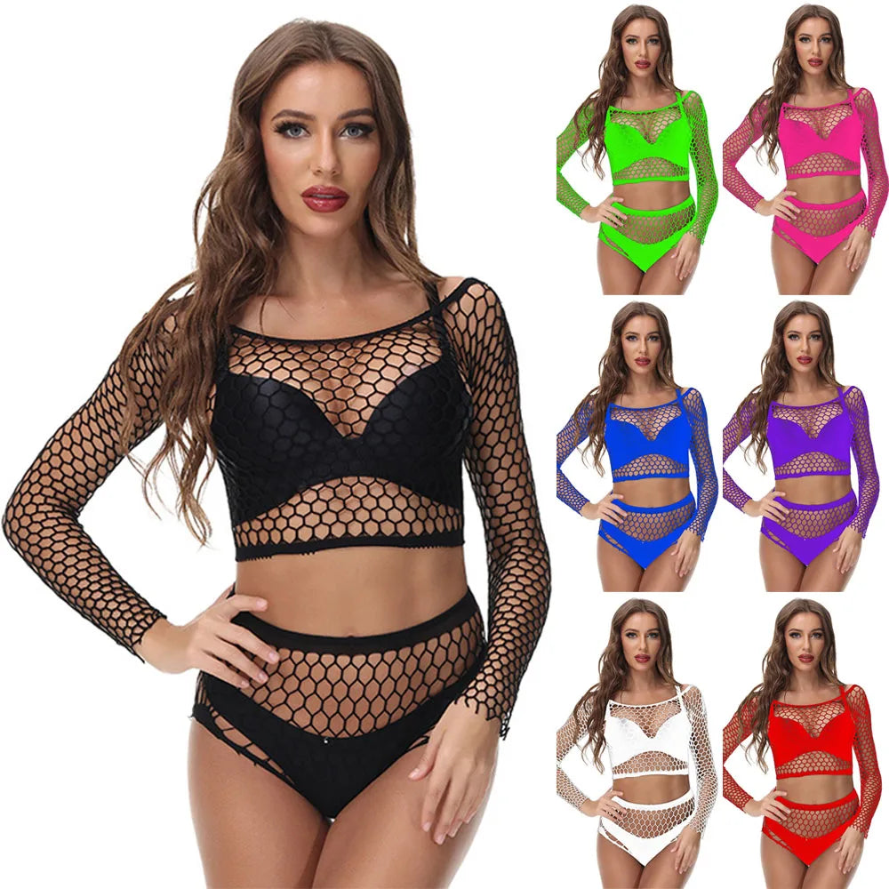 Sexy Fishnet Exotic Women Bodysuit Long Sleeve Off Mesh See Through Teddy Female Lingerie Erotic Hot Porno Hollow Out Underwear