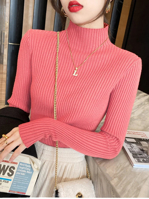 Elegant Solid Basic Knitted Tops Women Turtlneck Sweater Long Sleeve