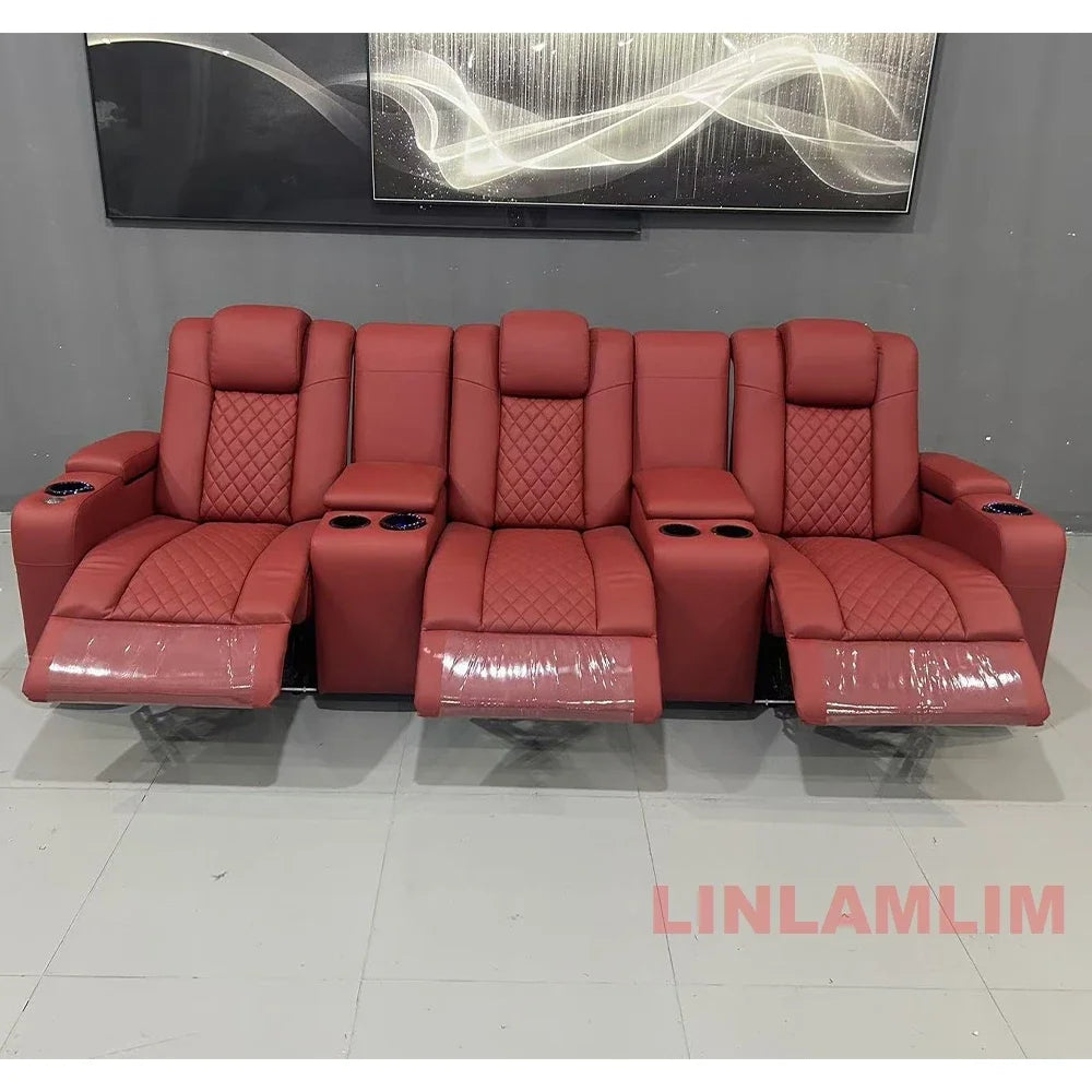 Linlamlim Luxury 3-Seat Recliner Sofa with Cup Holders, Leather Home Theater Seating, Cinema Recliner Couch with Center Console