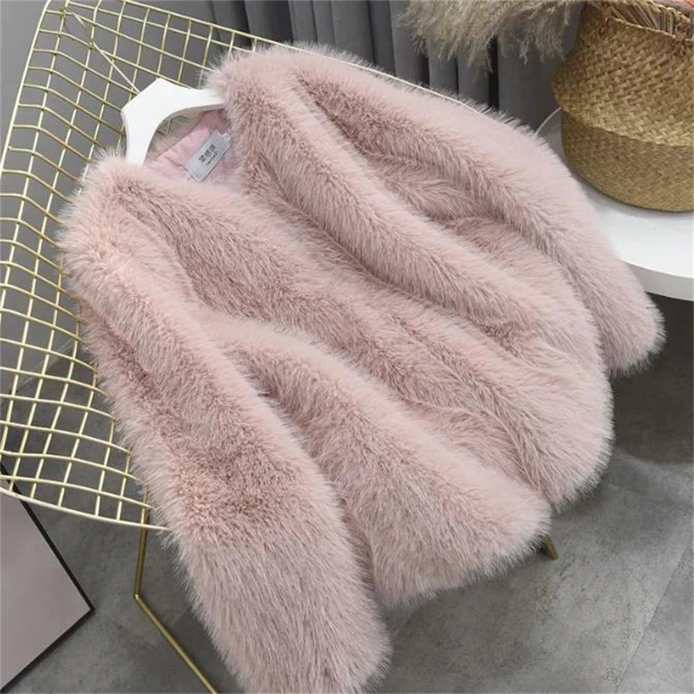 Shaggy Faux Jacket Women Elegant Thick Tops Artificial Warm Shaggy Overcoat Luxury Collarless Coat Short Fur Outwear Winter