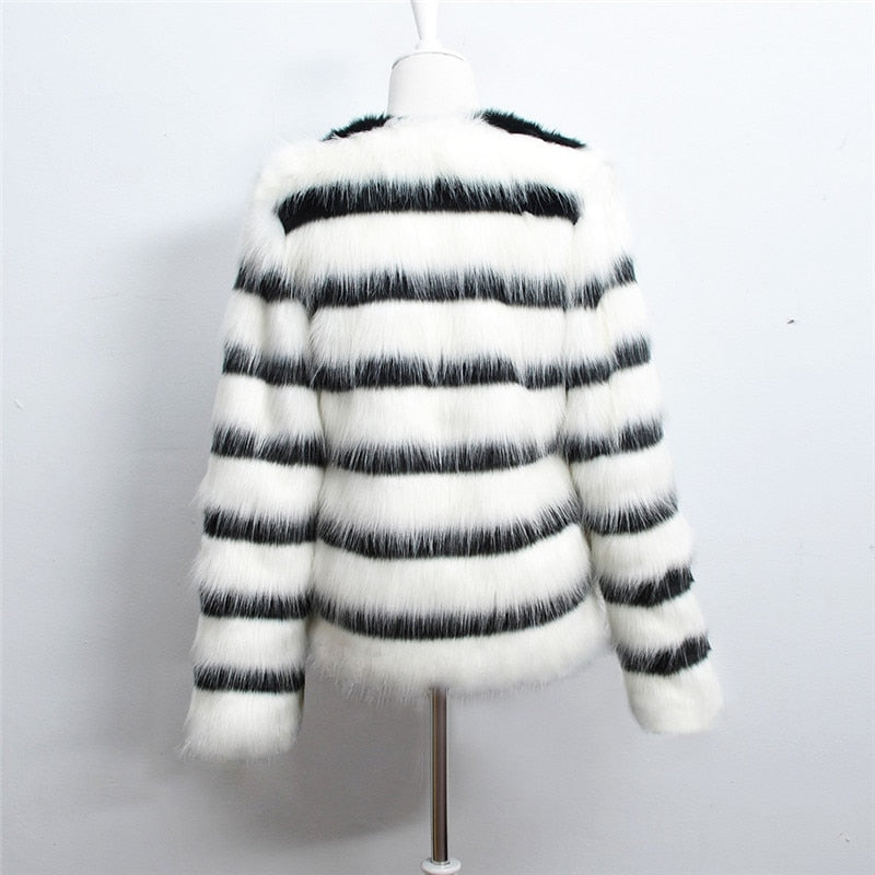 Winter Black and white striped faux fur coat fur coats Women Elegant