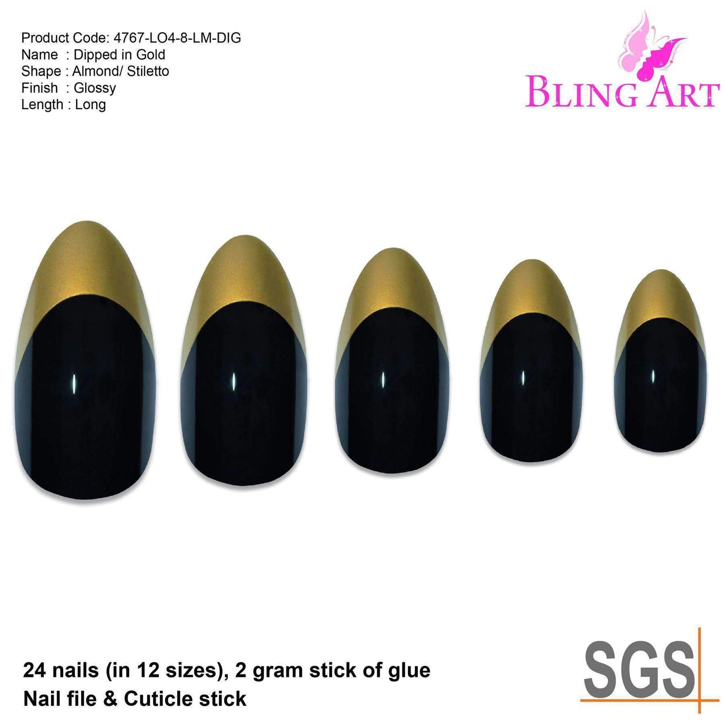 False Nails Bling Art Black Gold Almond Stiletto Long Fake Acrylic