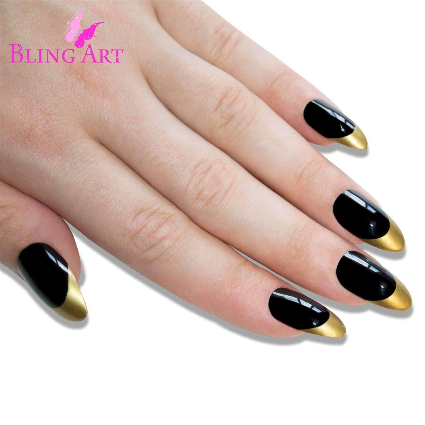 False Nails Bling Art Black Gold Almond Stiletto Long Fake Acrylic