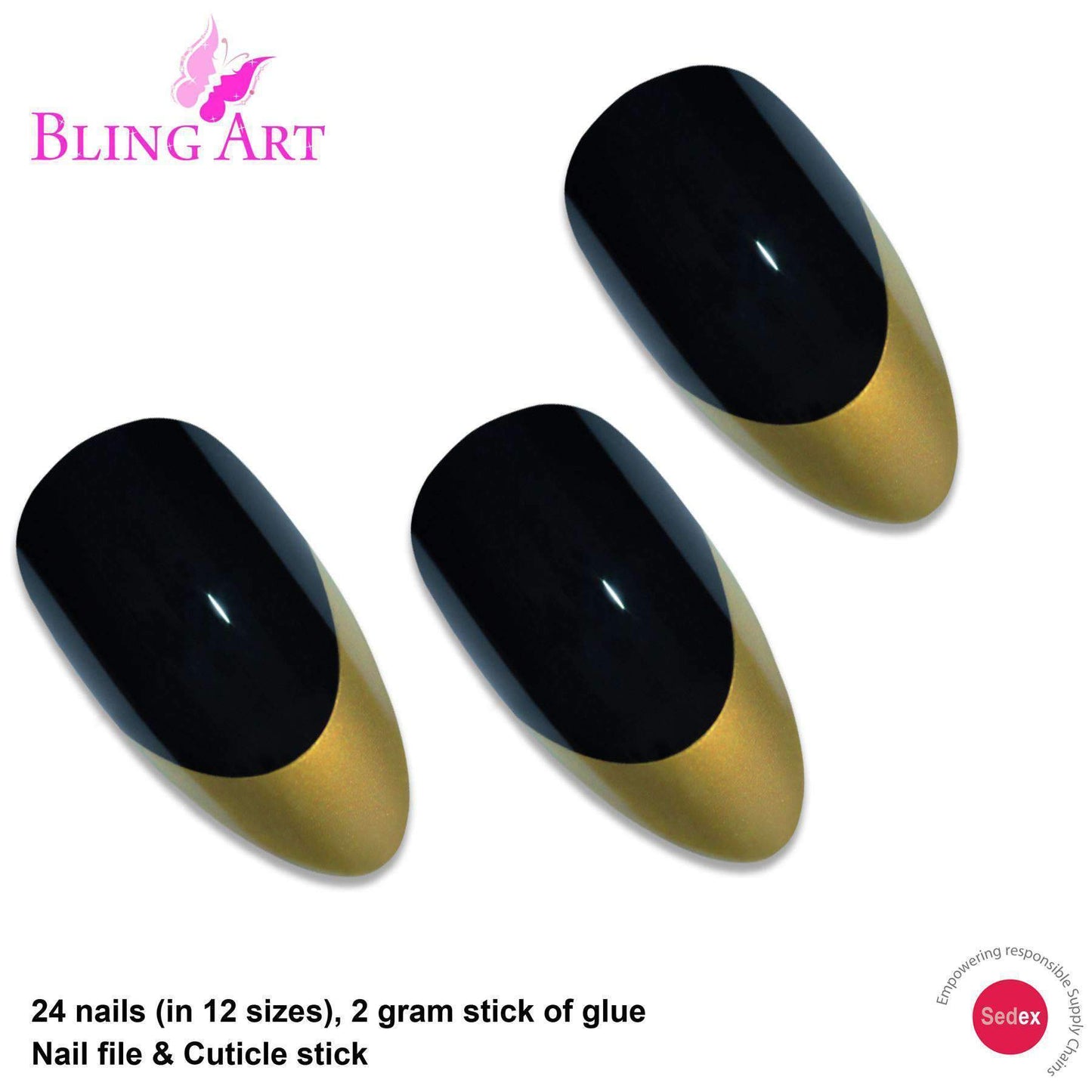 False Nails Bling Art Black Gold Almond Stiletto Long Fake Acrylic