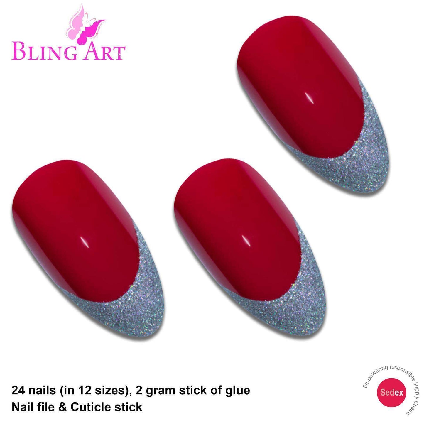 False Nails Bling Art Red Silver Almond Stiletto Long Fake Acrylic