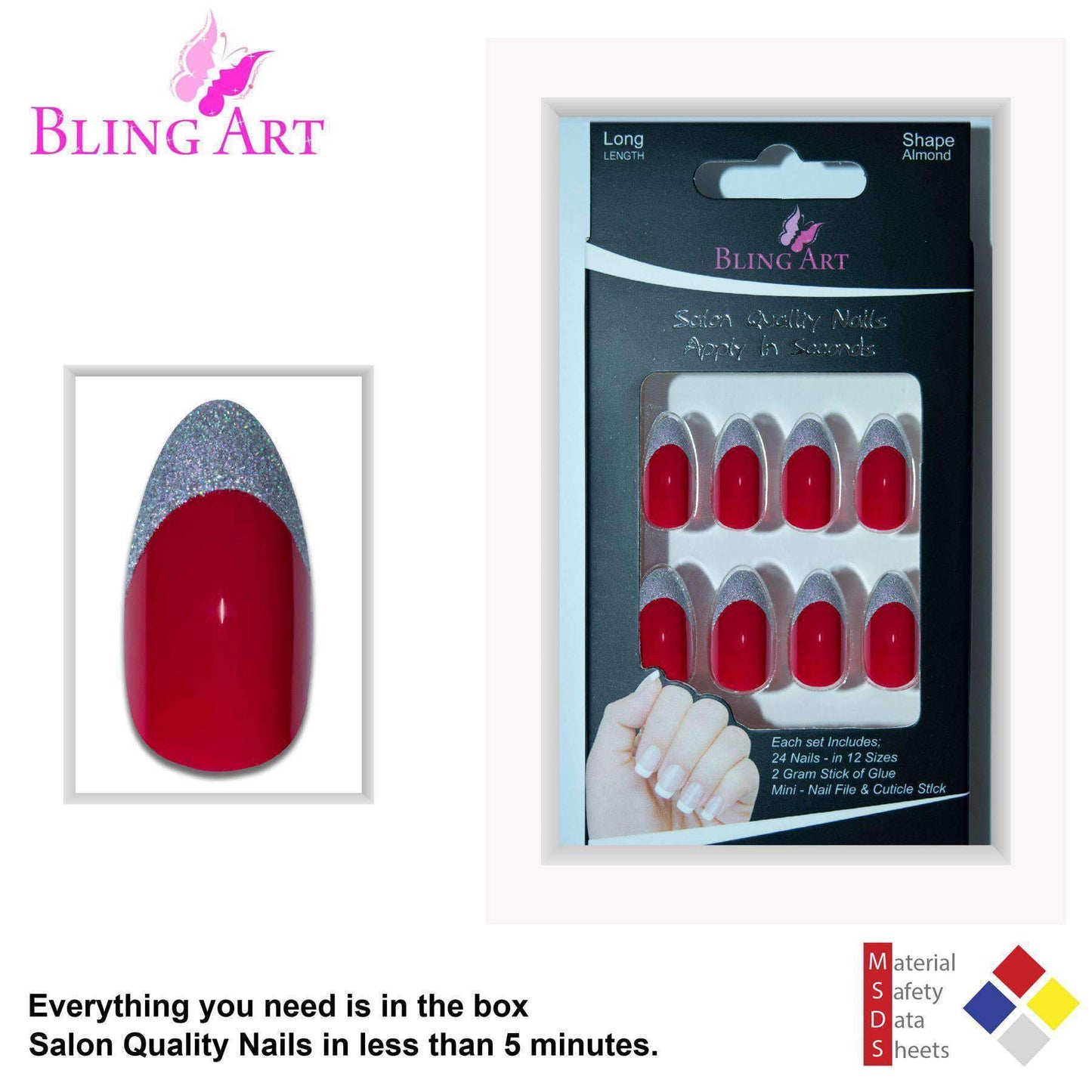 False Nails Bling Art Red Silver Almond Stiletto Long Fake Acrylic