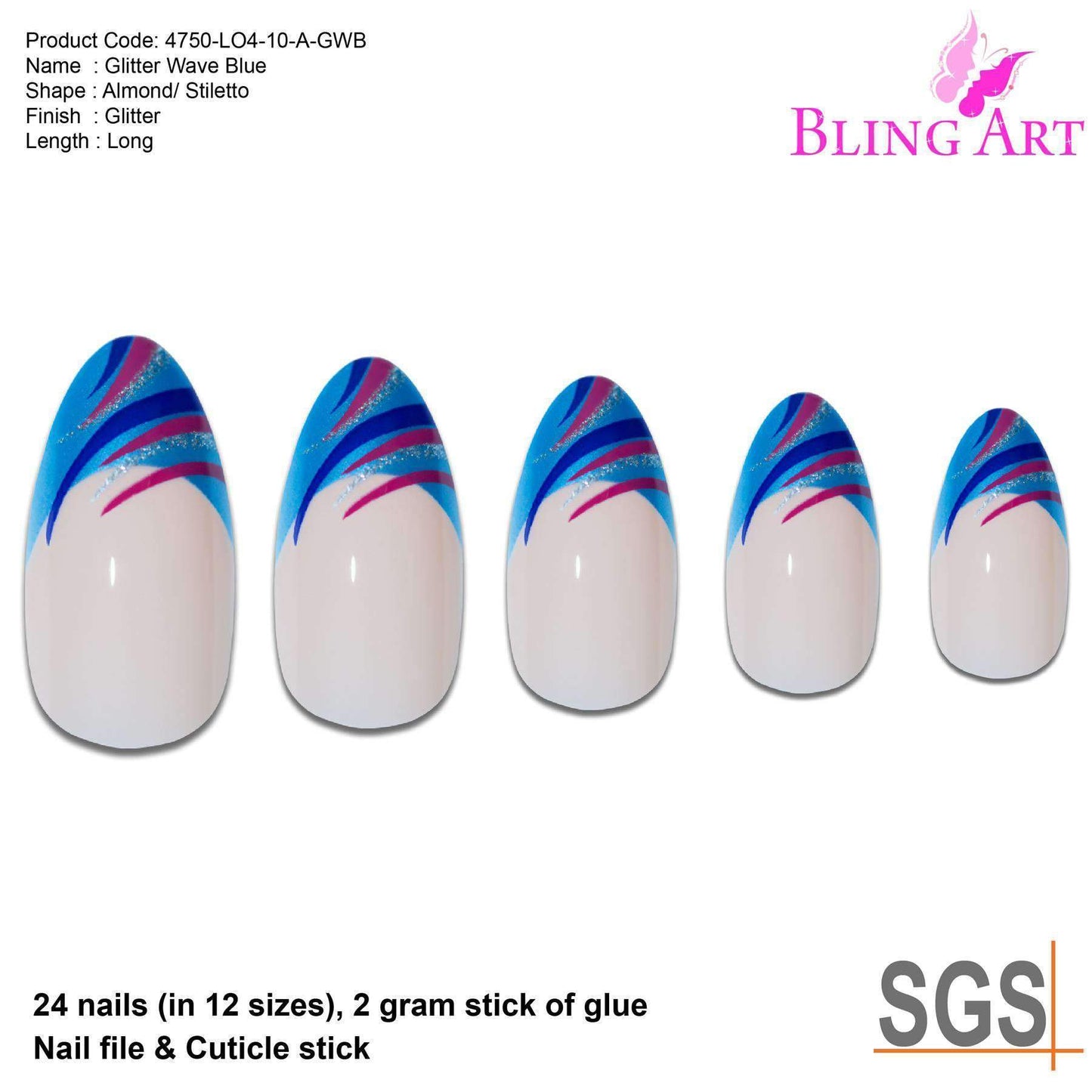 False Nails by Bling Art Glitter Blue 24 Almond Stiletto Long Fake