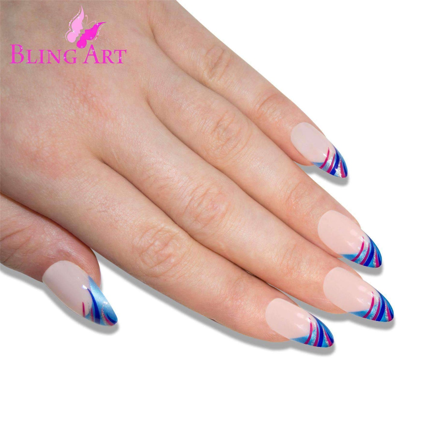 False Nails by Bling Art Glitter Blue 24 Almond Stiletto Long Fake