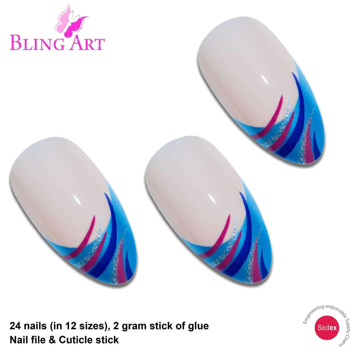 False Nails by Bling Art Glitter Blue 24 Almond Stiletto Long Fake