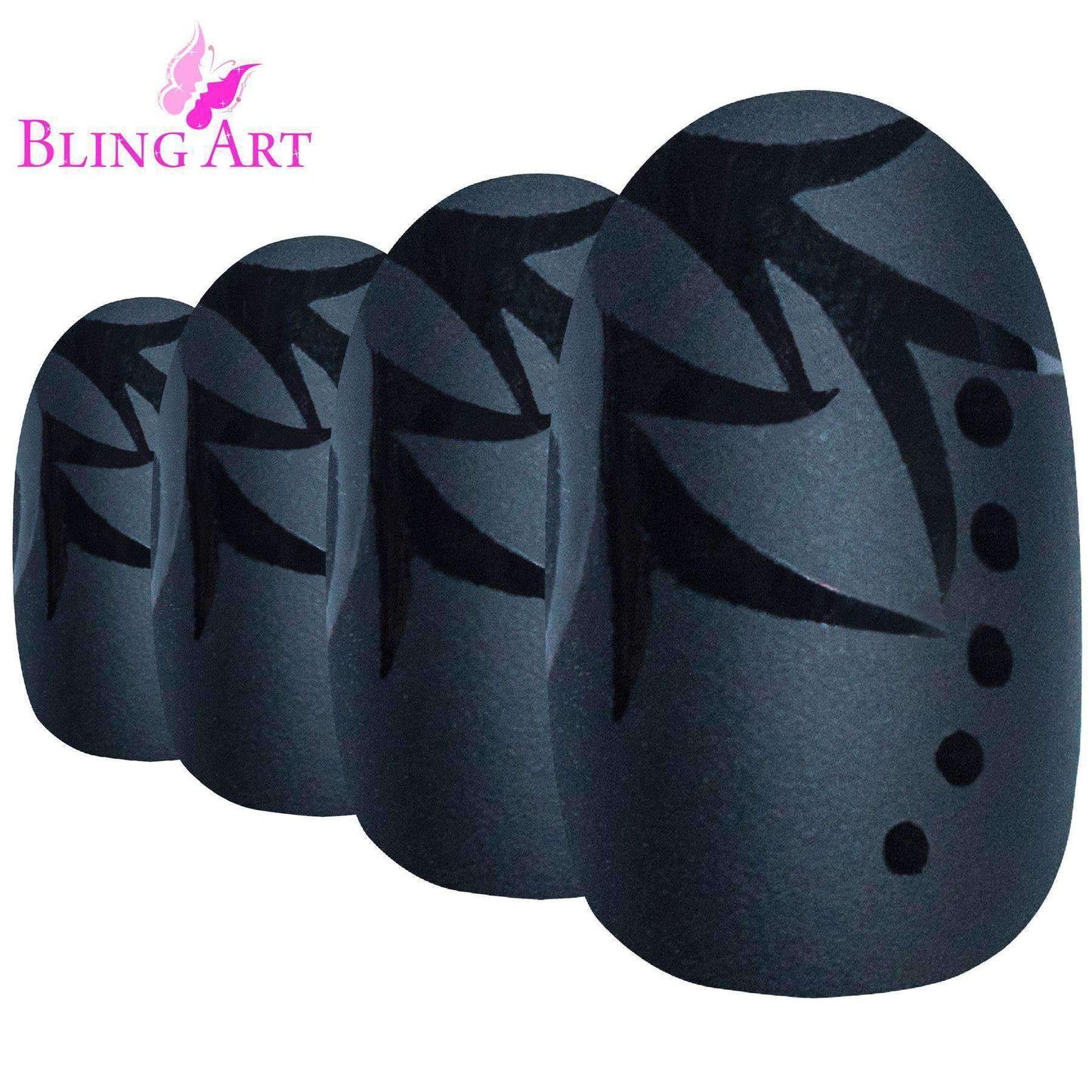 False Nails by Bling Art Black Leaf Matte Oval Medium Fake Acrylic