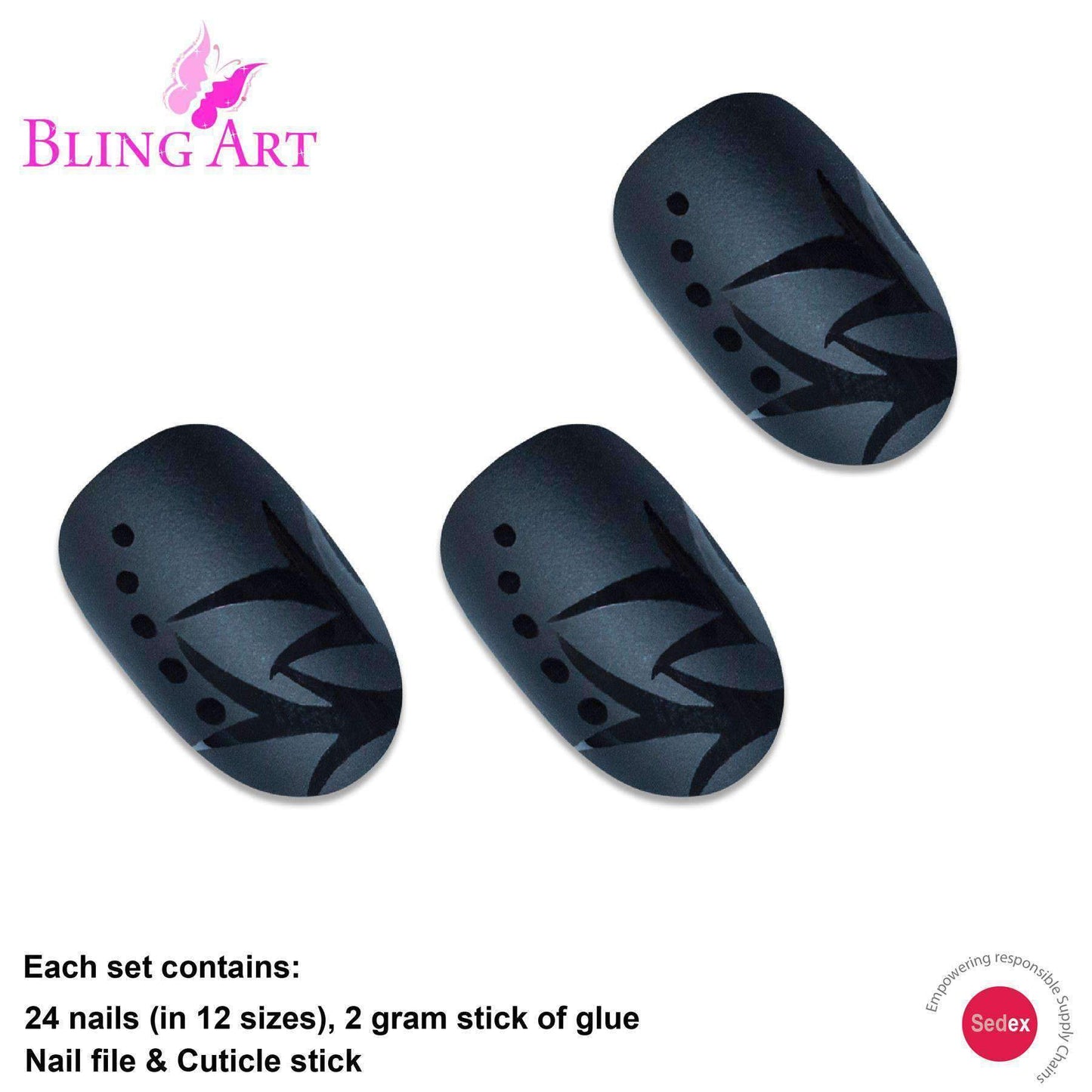 False Nails by Bling Art Black Leaf Matte Oval Medium Fake Acrylic