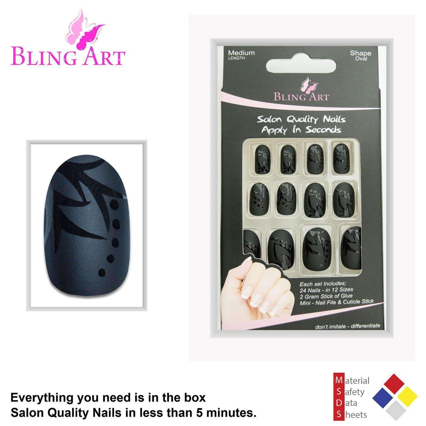 False Nails by Bling Art Black Leaf Matte Oval Medium Fake Acrylic