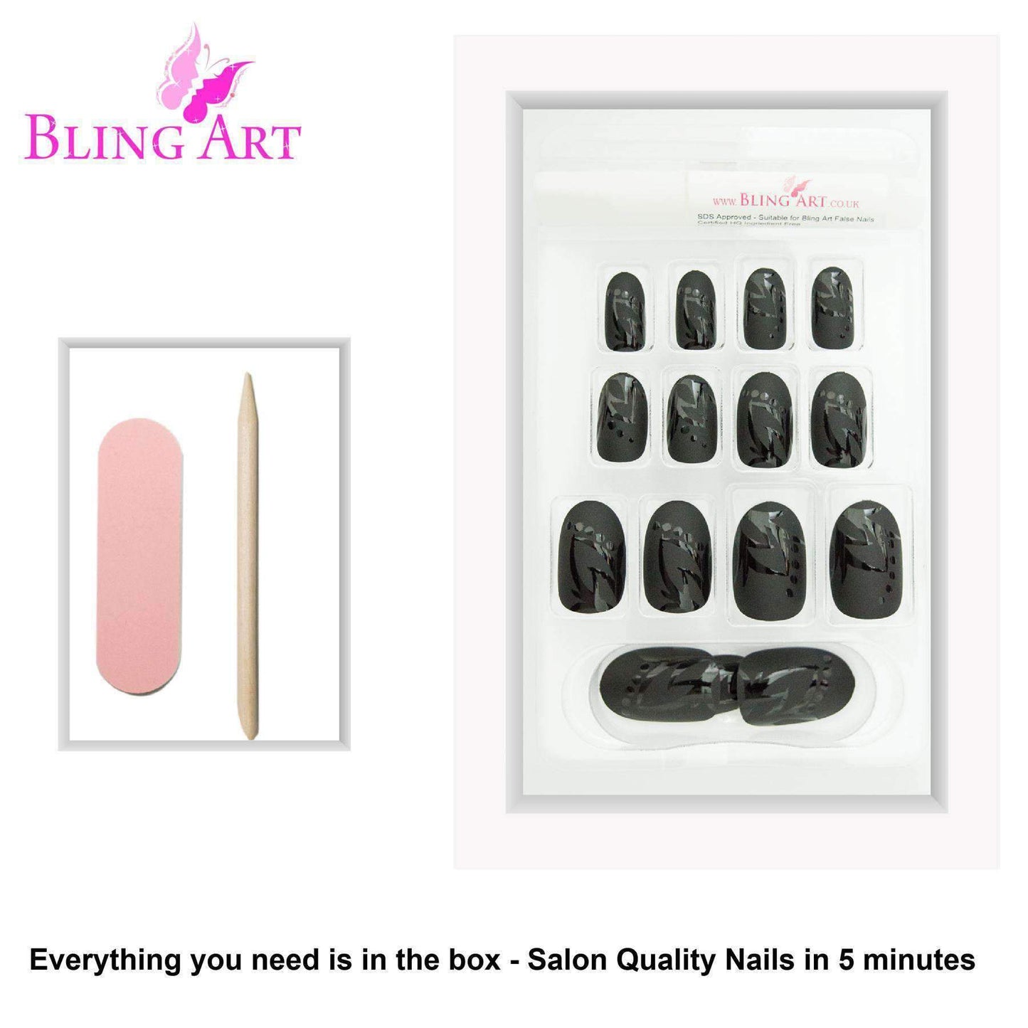 False Nails by Bling Art Black Leaf Matte Oval Medium Fake Acrylic