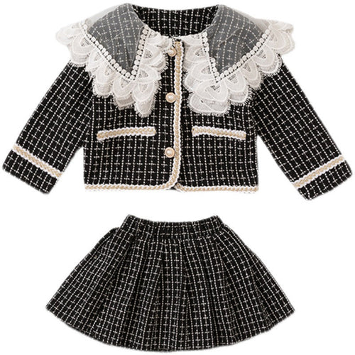 Baby Girl Plaid Pattern Mesh Patchwork Design Lapel Cardigan Combo